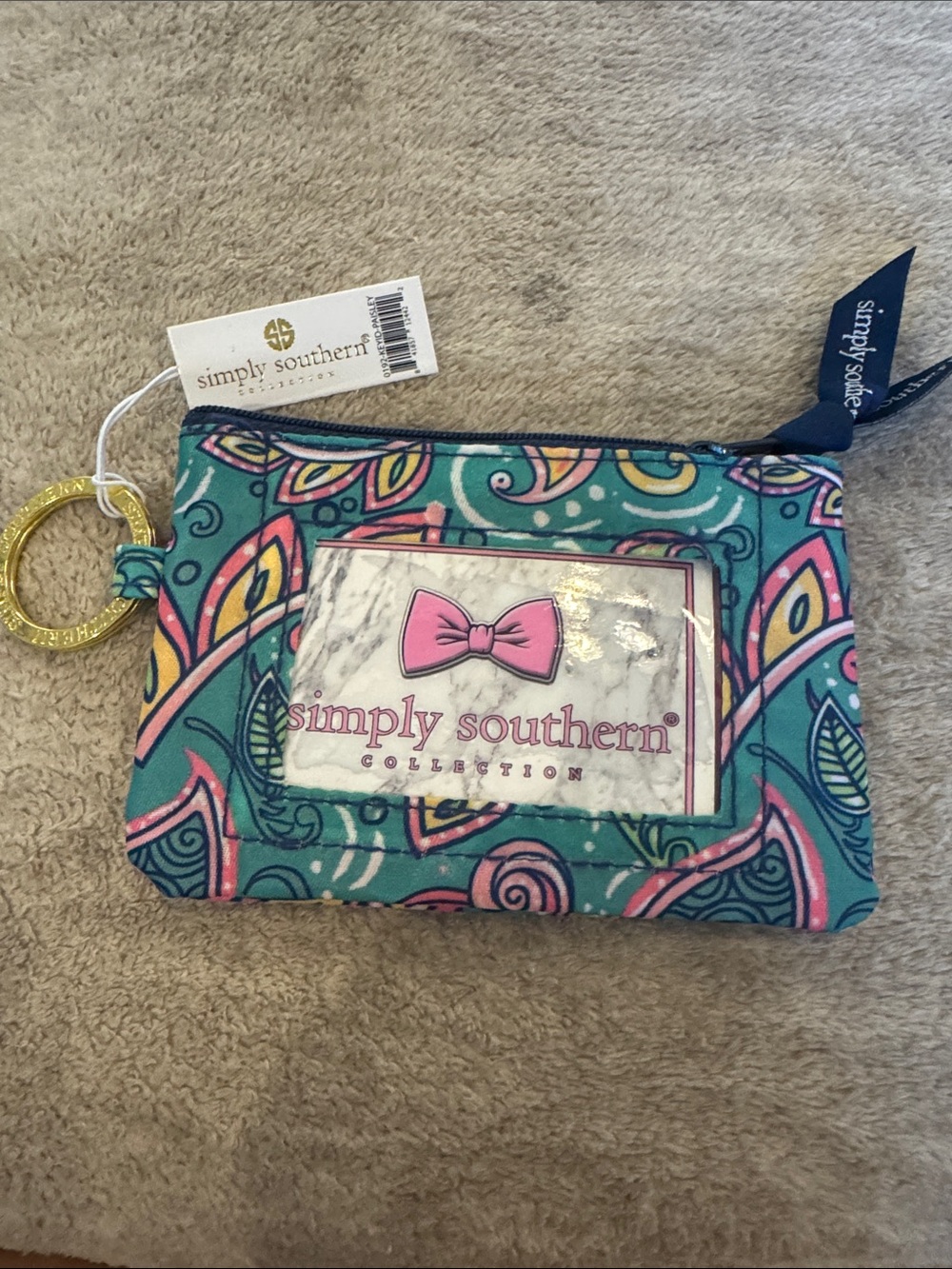 Simply Southern Teal Paisley ID Pouch with Gold Key Ring